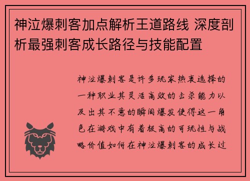 神泣爆刺客加点解析王道路线 深度剖析最强刺客成长路径与技能配置